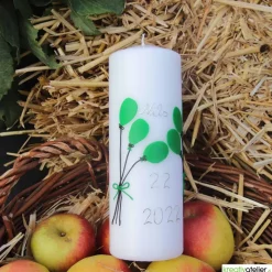 weiße Geburtstagskerze mit Luftballons, personalisierbar, Geburtstagsgeschenk, persönliches Geschenk, bunte Luftballons