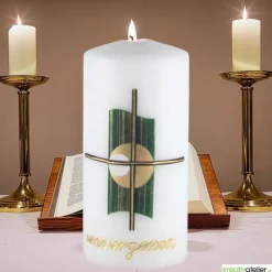 weiße, kleine Trauerkerze/Gedenkkerze mit Kreuz und Echtwachsbeschriftung 