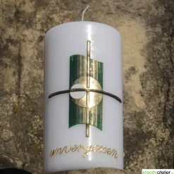 weiße, kleine Trauerkerze/Gedenkkerze mit Kreuz und Echtwachsbeschriftung 