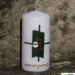 weiße, kleine Trauerkerze/Gedenkkerze mit Kreuz und Echtwachsbeschriftung 