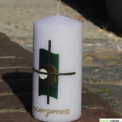 weiße, kleine Trauerkerze/Gedenkkerze mit Kreuz und Echtwachsbeschriftung 