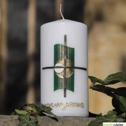 weiße, kleine Trauerkerze/Gedenkkerze mit Kreuz und Echtwachsbeschriftung 