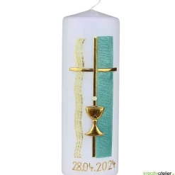 Weiße Konfirmationskerze mit Kelch und Kreuz – Gold verziert, personalisierbar