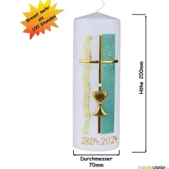 Weiße Konfirmationskerze mit Kelch und Kreuz – Gold verziert, personalisierbar