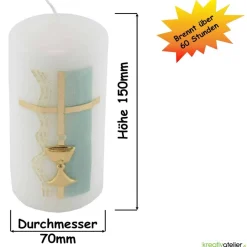 Weiße Konfirmationskerze mit Kelch und Kreuz – Gold verziert, personalisierbar