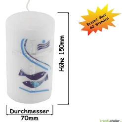 Weiße Konfirmationskerze mit Fischen, Kreuz und Weihwasser – Silber-Blau verziert, personalisierbar