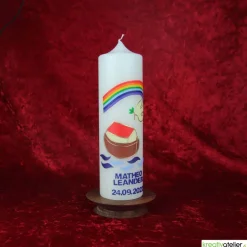 weiße Taufkerze Arche Noah mit Regenbogen und Taube, wunderschöne handgefertigte Taufkerze für Jungen und Mädchen