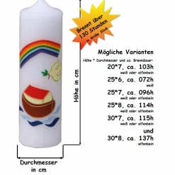 weiße Taufkerze Arche Noah mit Regenbogen und Taube, wunderschöne handgefertigte Taufkerze für Jungen und Mädchen