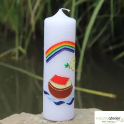 weiße Taufkerze Arche Noah mit Regenbogen und Taube, wunderschöne handgefertigte Taufkerze für Jungen und Mädchen