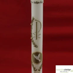 weiße Taufkerze mit Pax, Lorbeerzweig und Taube auf goldener Kachel, gold verziert schlanke Taufkerze handmade