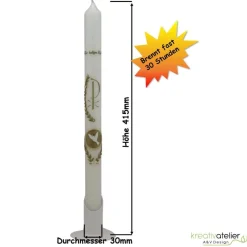 weiße Taufkerze mit Pax, Lorbeerzweig und Taube auf goldener Kachel, gold verziert schlanke Taufkerze handmade