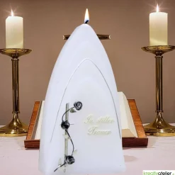 Weiße Trauerkerze In stiller Trauer mit Kreuz in antik silber, Formkerze, Gedenkkerze, Trauerkerze personalisierbar