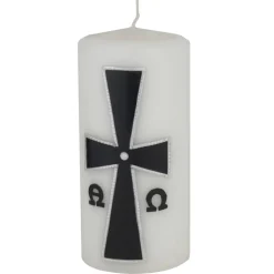 weiße Trauerkerze mit byzantinischem Kreuz, schwarz/silber verziert, Gedenkkerze, Kerze zum Gedenken an Verstorbene