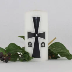 weiße Trauerkerze mit byzantinischem Kreuz, schwarz/silber verziert, Gedenkkerze, Kerze zum Gedenken an Verstorbene