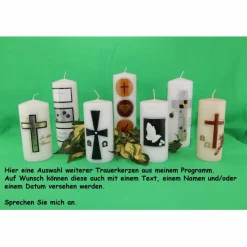 weiße Trauerkerze mit byzantinischem Kreuz, schwarz/silber verziert, Gedenkkerze, Kerze zum Gedenken an Verstorbene