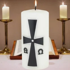 weiße Trauerkerze mit byzantinischem Kreuz, schwarz/silber verziert, Gedenkkerze, Kerze zum Gedenken an Verstorbene