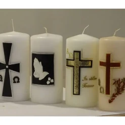 weiße Trauerkerze mit byzantinischem Kreuz, schwarz/silber verziert, Gedenkkerze, Kerze zum Gedenken an Verstorbene