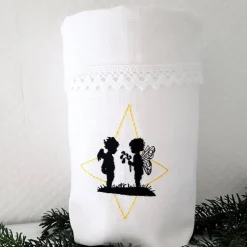 Weihnachten Lichtbeutel Geschenkbeutel Engel und Fee im Stern als Scherenschnitt GESTICKT Leinen Baumwollspitze