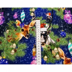Weihnachten-Panel Digitaldruck Jersey Stoff Rehkitz Hirsch Kugeln blau – Baumwolle Jersey Weihnachtsstoff Oeko-Tex