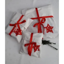 Weihnachtliche Geschenktaschen 3er Set aus Baumwollstoff mit angenähtem Schleifenband