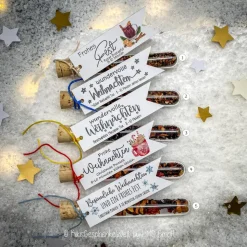 Weihnachtliche Teegeschenke, personalisierte Gastgeschenke, Früchtetee im Reagenzglas