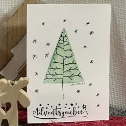 Weihnachtsbaum mit Aquarellfarbe & Fineliner auf Weihnachtskarte - Adventszauber - danielb.art