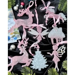 Weihnachtsbaumdeko Resin – Rentier, Fee, Tanne, Märchenhaus, Pferd – Epoxidharz Anhänger Weihnachten Geschenk Rosa