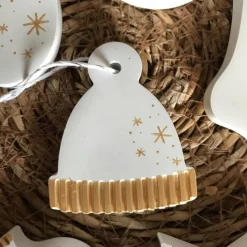 Weihnachtsbaumschmuck, Geschenkanhänger aus Beton, Set mit 6 st, weiß mit gold handbemalt