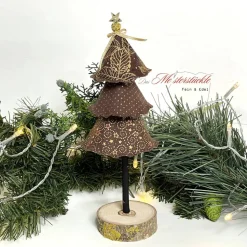 Weihnachtsbäumchen mit Holzsockel braun gold – Handgemachte Weihnachtsdeko in 3 Größen
