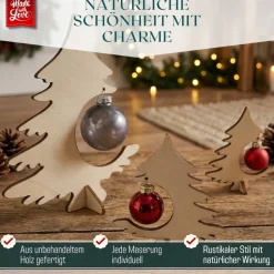 Weihnachtsdeko Holz 3er Set, handgefertigte Holztannen mit Glaskugeln, Tannenbaum Deko für Zuhause
