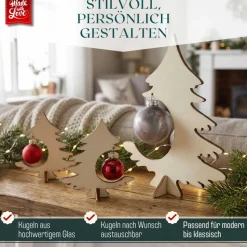 Weihnachtsdeko Holz 3er Set, handgefertigte Holztannen mit Glaskugeln, Tannenbaum Deko für Zuhause