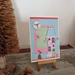 Weihnachtskarte - buntes Haus - Hase - Weihnachten