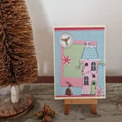 Weihnachtskarte - buntes Haus - Hase - Weihnachten