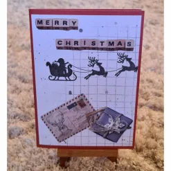 Weihnachtskarte " Merry Christmas " Postkarte , Geschenk , Rentier , Schlitten