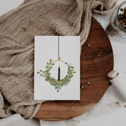 Weihnachtskarte Eukalyptuskranz A6 weihnachtliche Grußkarte - Türkranz Zweige Kerze Weihnachtskarte - Postkarte minimal