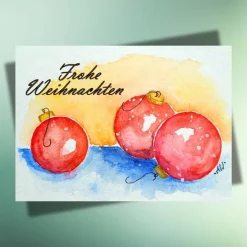 Weihnachtskarte „Fröhliche Weihnachten“ mit roten Kugeln auf Kraftpapier – Postkarte oder Klappkarte inkl. Umschlag