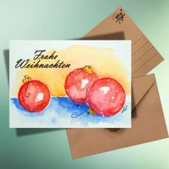 Weihnachtskarte „Fröhliche Weihnachten“ mit roten Kugeln auf Kraftpapier – Postkarte oder Klappkarte inkl. Umschlag