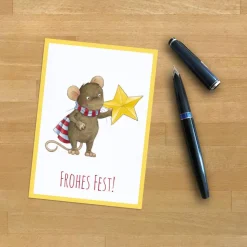 Weihnachtskarte: Frohes Fest, Grußkarte, Geschenkkarte, Maus · A6 · Aquarell, Buntstift, klimaneutraler Druck