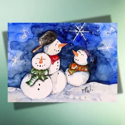 Weihnachtskarte mit drei singenden Schneemännern – fröhliche Postkarte auf Kraftpapier