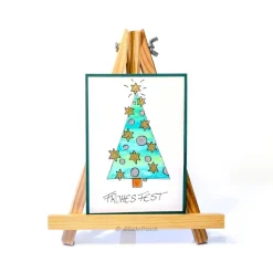 Weihnachtskarte mit handgezeichnetem grünen Weihnachtsbaum mit goldenen Sternen, Aquarell – Doppelkarte mit Umschlag