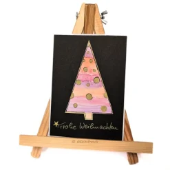 Weihnachtskarte mit handgezeichnetem rosa Weihnachtsbaum mit goldenen Sternen, Aquarell schwarz