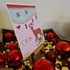 Weihnachtskarte mit süßem Reh - Sterne - Geschenke