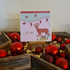 Weihnachtskarte mit süßem Reh - Sterne - Geschenke