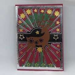 Weihnachtskarte rot und silberfarben, mit Hirsch und goldfarbenen Sterne, Faltkarte mit Umschlag Unikat A6