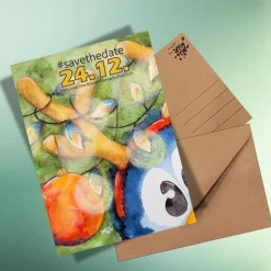 Weihnachtskarte #savethedate – Lustiger Pinguin mit Elchgeweih, DIN A6 Postkarte auf Kraftpapier