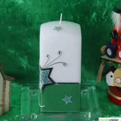 Weihnachtskerze mit Weihnachtsstern und Sternenschweif mit Strass-Steinen grün, weiß, silber, Quaderform