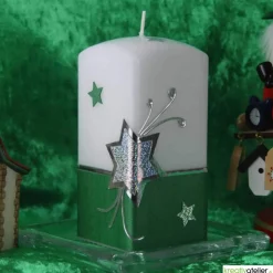 Weihnachtskerze mit Weihnachtsstern und Sternenschweif mit Strass-Steinen grün, weiß, silber, Quaderform