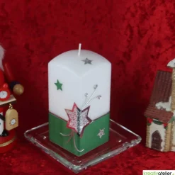Weihnachtskerze mit Weihnachtsstern und Sternenschweif mit Strass-Steinen grün, weiß, silber, Quaderform