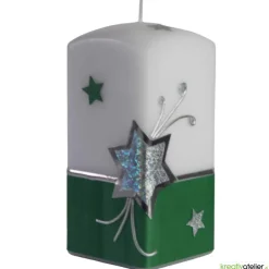 Weihnachtskerze mit Weihnachtsstern und Sternenschweif mit Strass-Steinen grün, weiß, silber, Quaderform