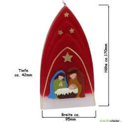 Weihnachtskerze personalisierbar – Kuppelmotiv rot-weiß mit Christkind, Maria und Josef, handgegossen
